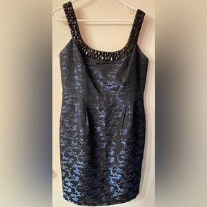 Carmen Marc Valvo black and blue dress with beading at neck